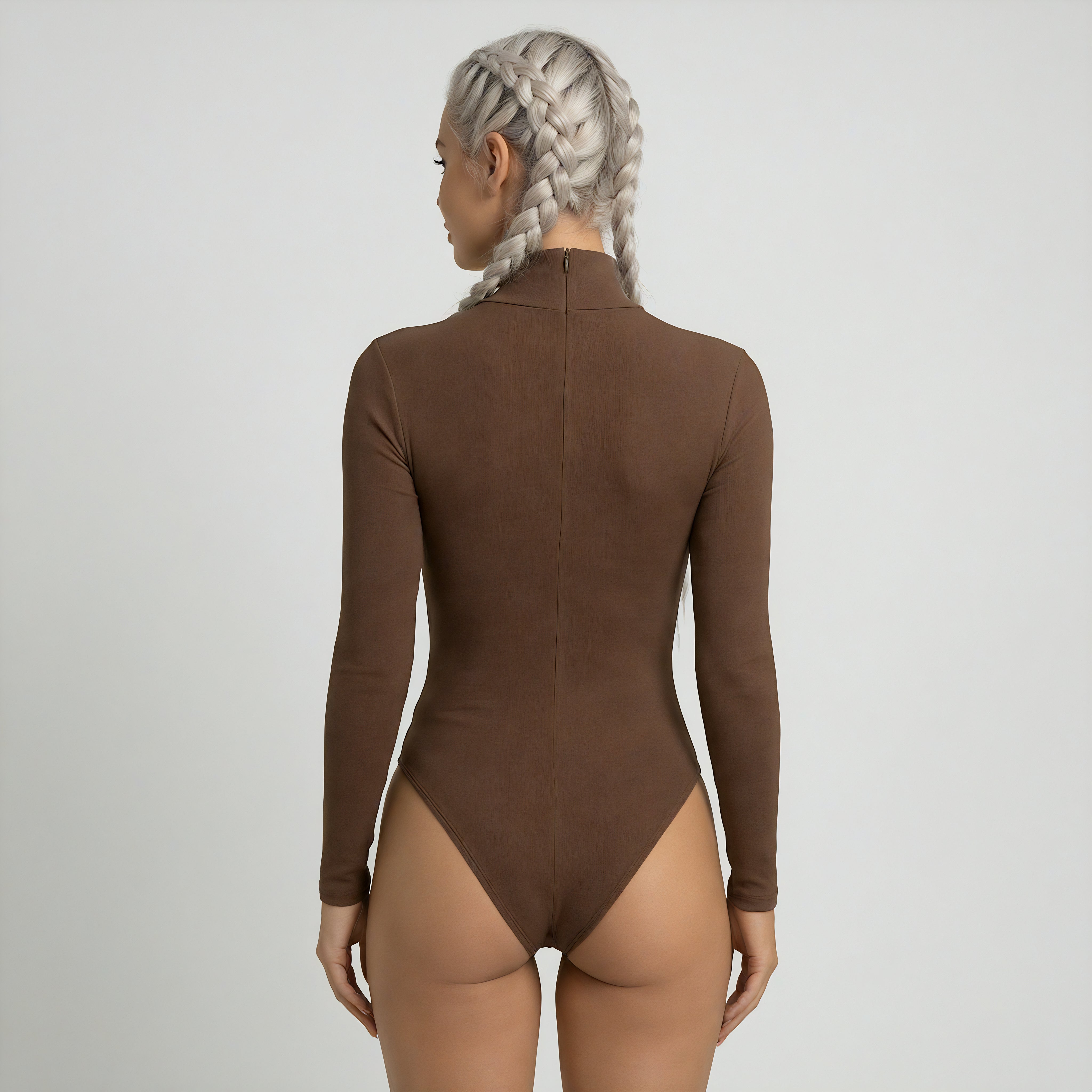 blonde girl wearing a brown long-sleeve bodysuit shapewear on a plain background lyvia shapewear tall blonde wearing brown long sleeve