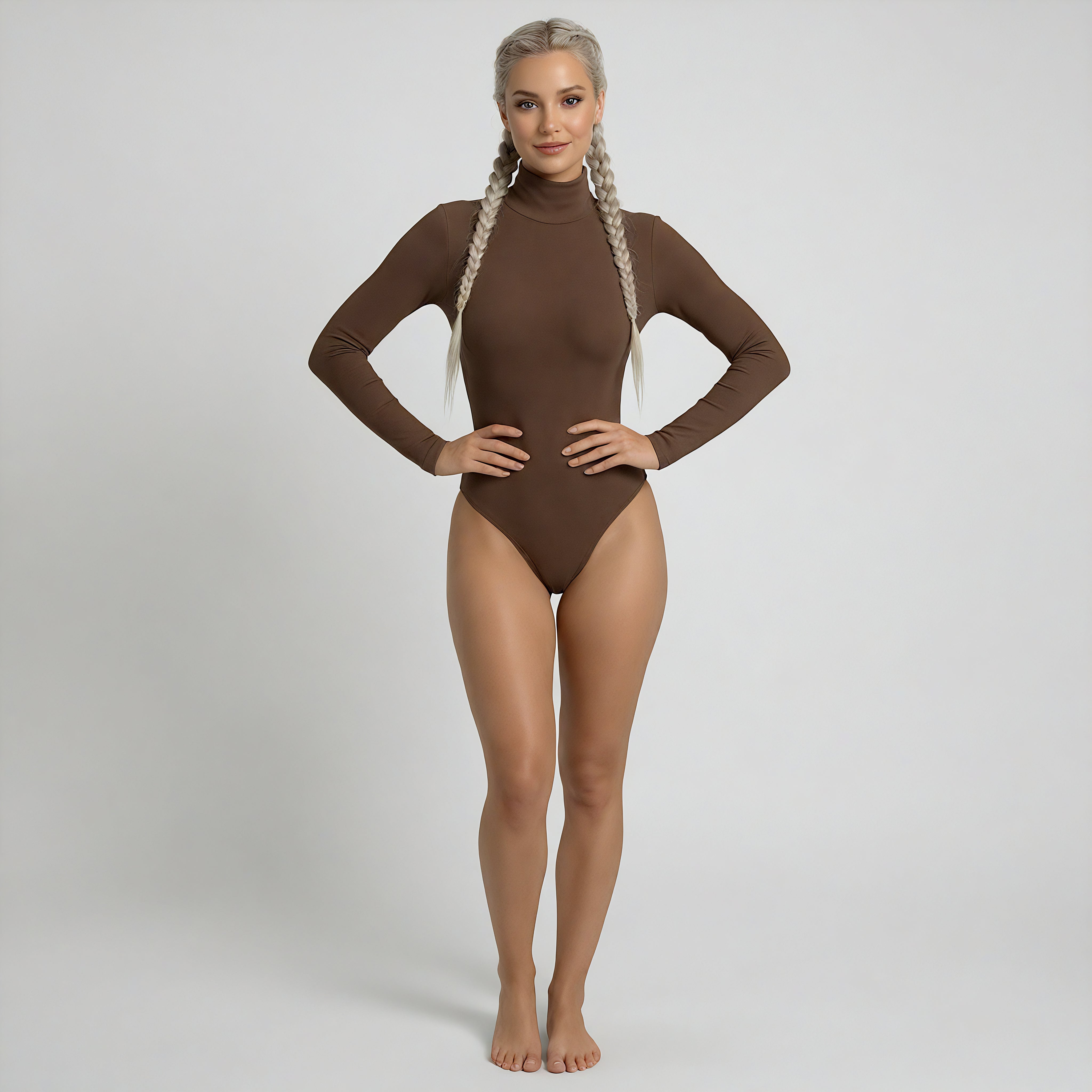 blonde girl wearing a brown long-sleeve bodysuit shapewear on a plain background lyvia shapewear tall blonde wearing brown long sleeve