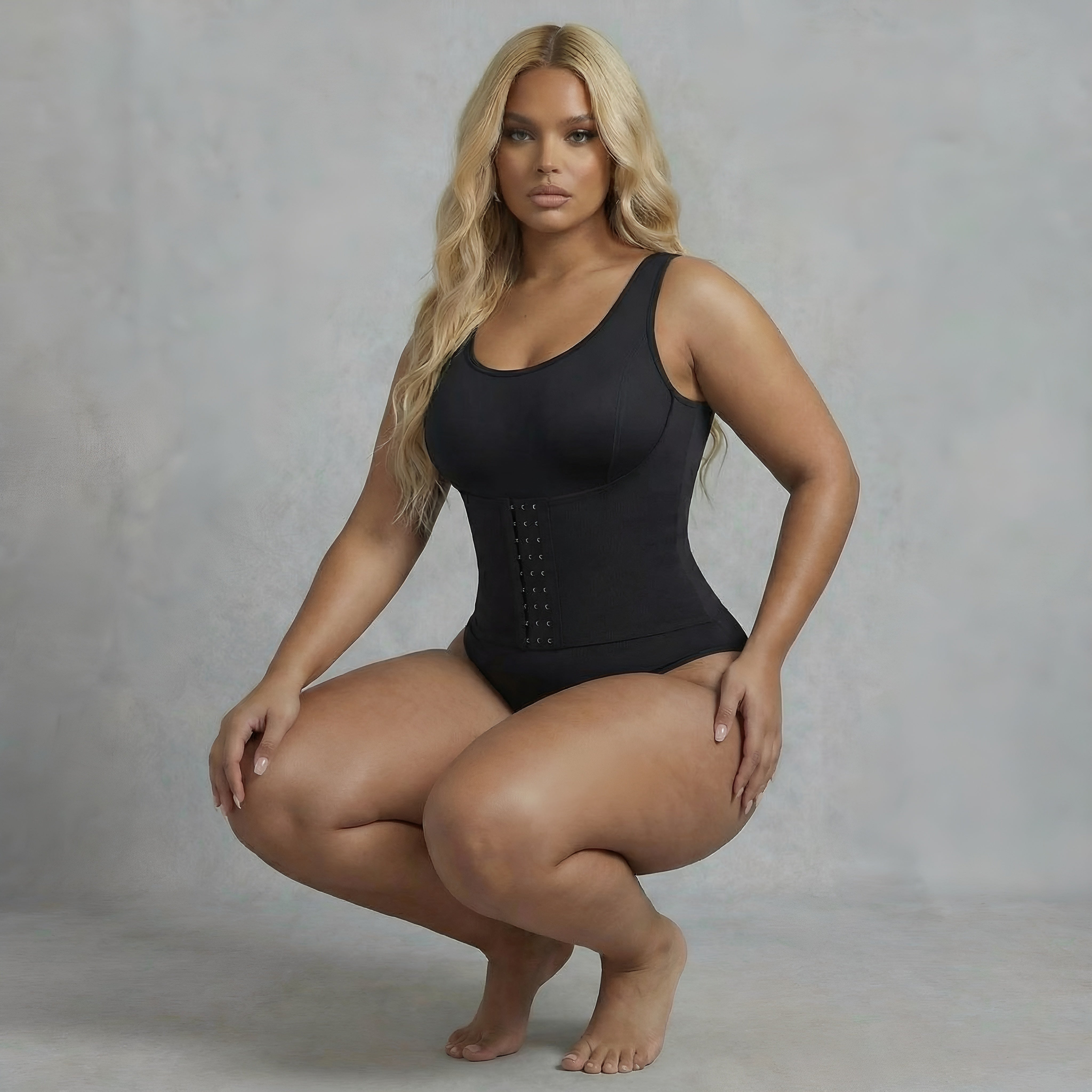 Woman wearing a black bodysuit against a gray background. Curvy woman shapewear black lyvia bodysuit.