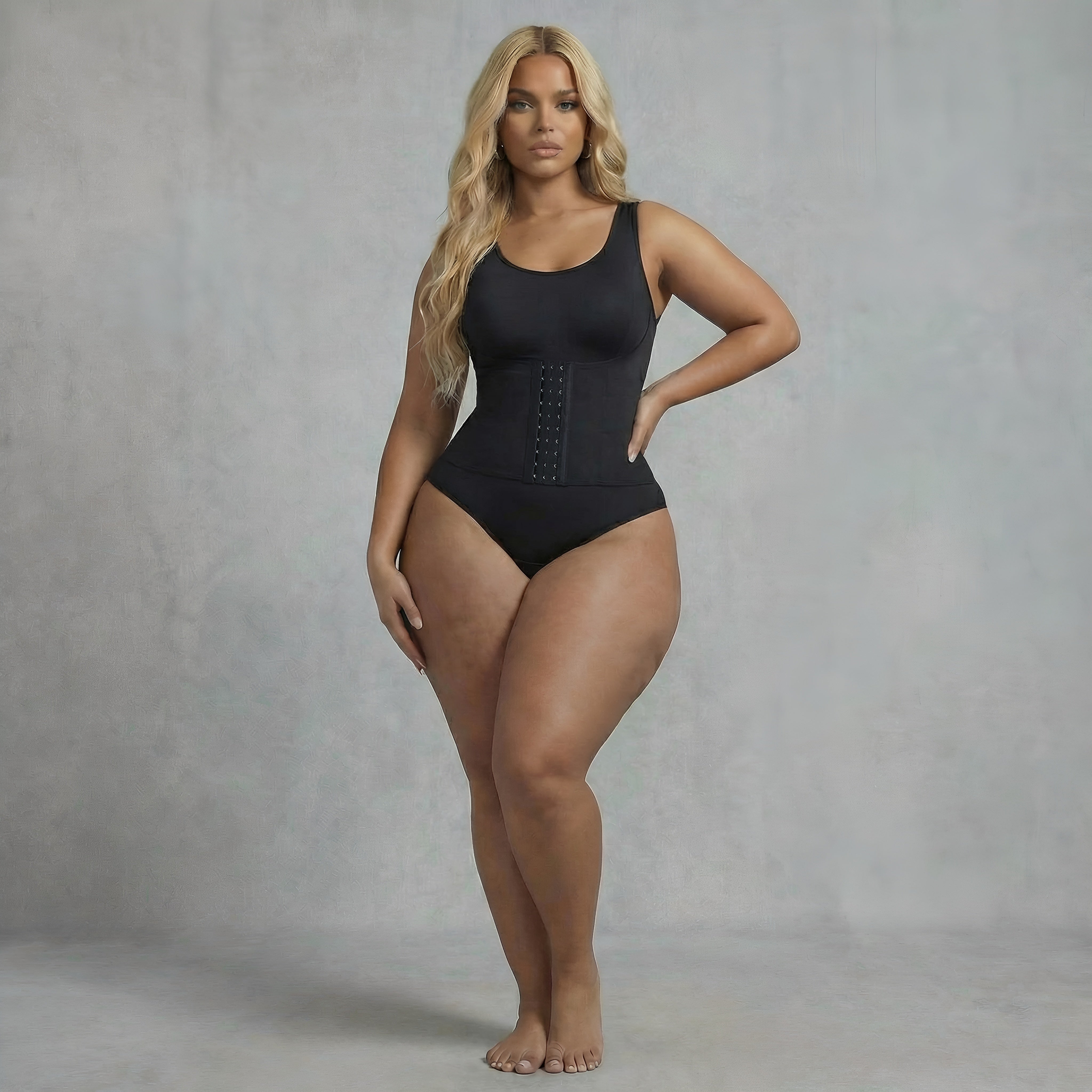 Woman wearing a black bodysuit against a gray background. Black shapewear jumpsuit curvy lyvia.
