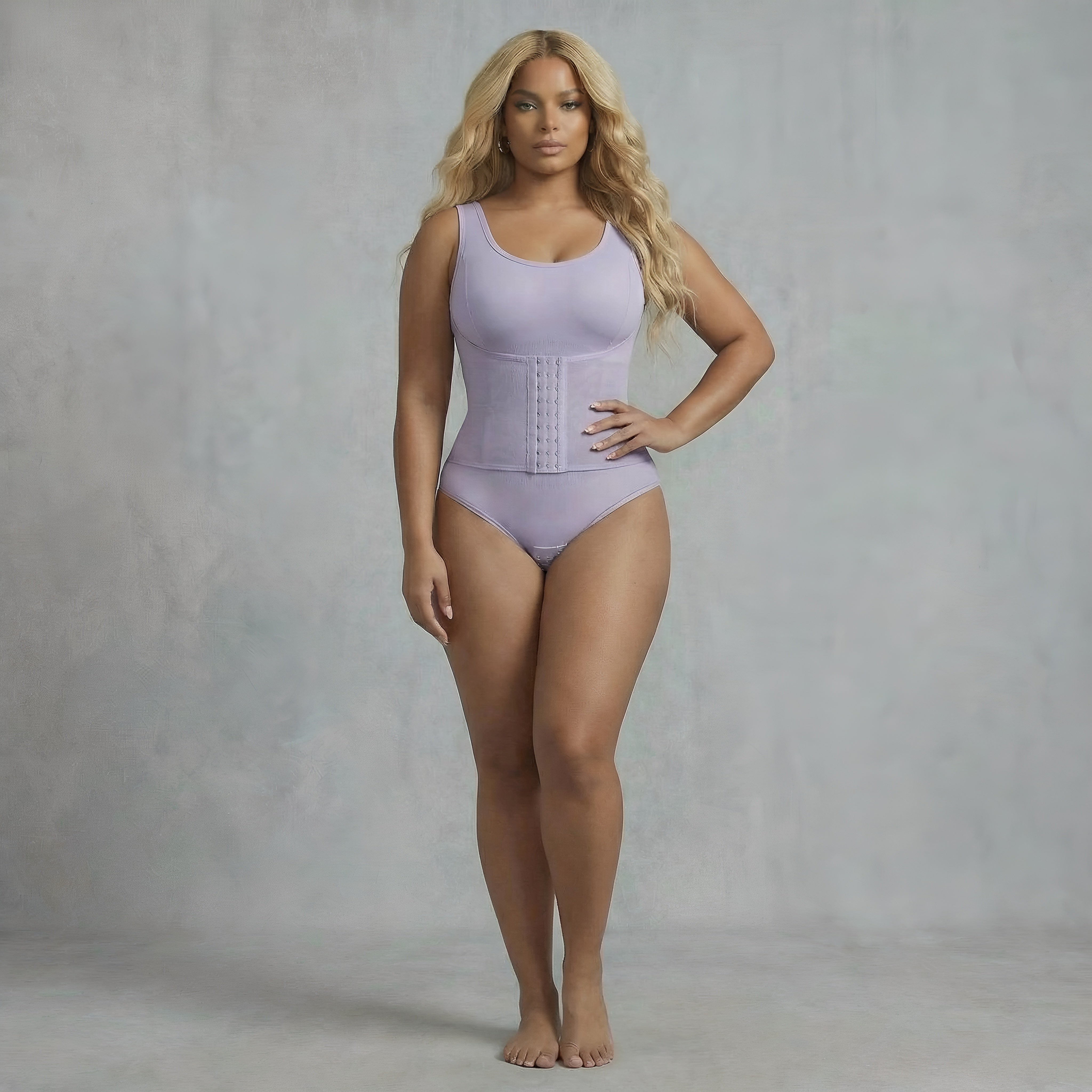Woman wearing a light purple bodysuit against a plain background. Curvy woman shapewear bodysuit seamless lyvia.