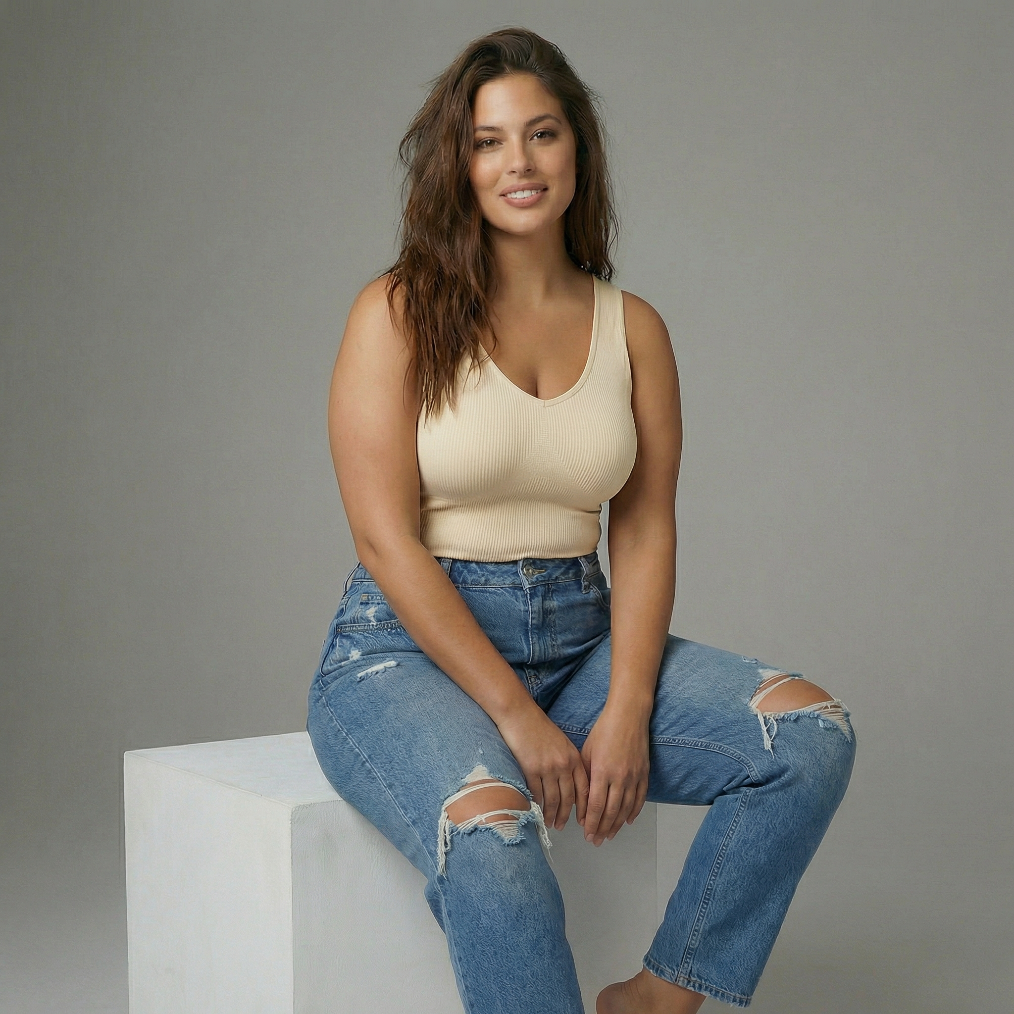 Woman sitting on a white block wearing a beige tank top and blue jeans against a gray background. Shapewear womans lyvia.