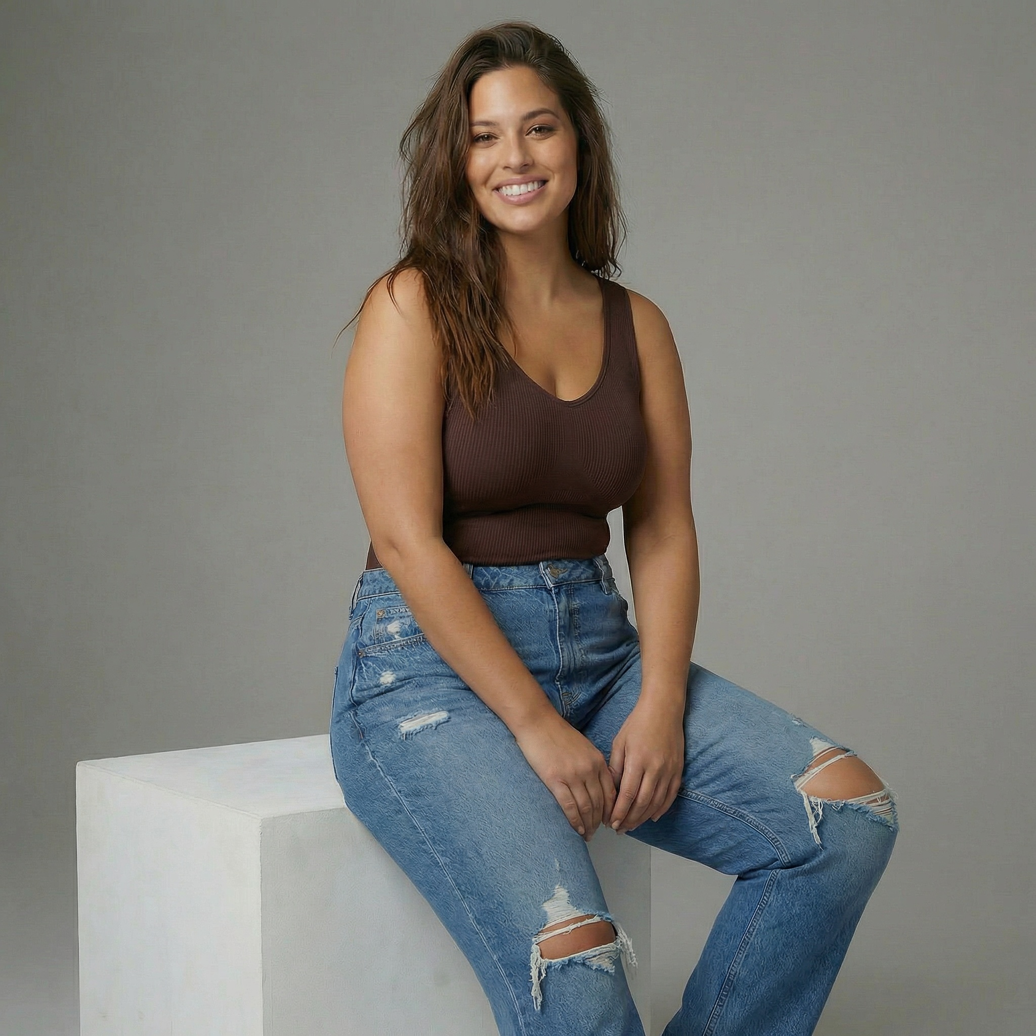 Woman wearing a brown tank top and blue jeans sitting on a white block against a gray background. Brown shapewear womans top lyvia.