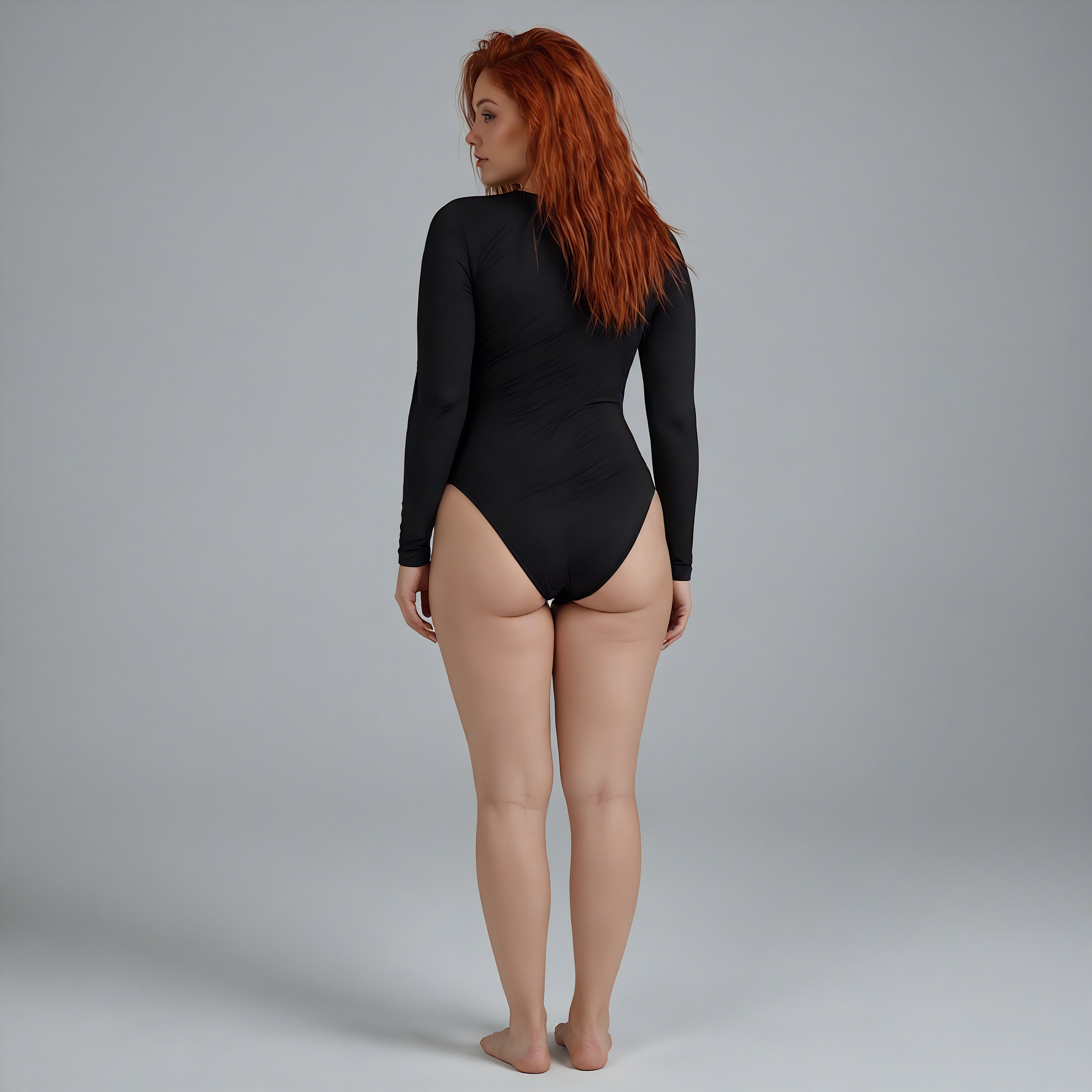 Person wearing a black bodysuit against a gray background woman bodysuit shapewear lyvia